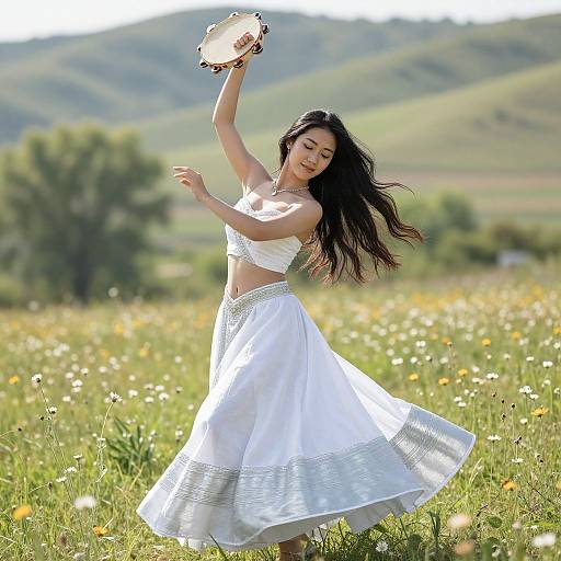 Photograph of an Asian woman with long black hair, wearing a white lace crop top and flowing white skirt, dancing in a sunlit meadow with