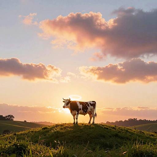 Photograph of a brown and white cow standing on a grassy hill at sunset, with golden sunlight and pink clouds in the sky.