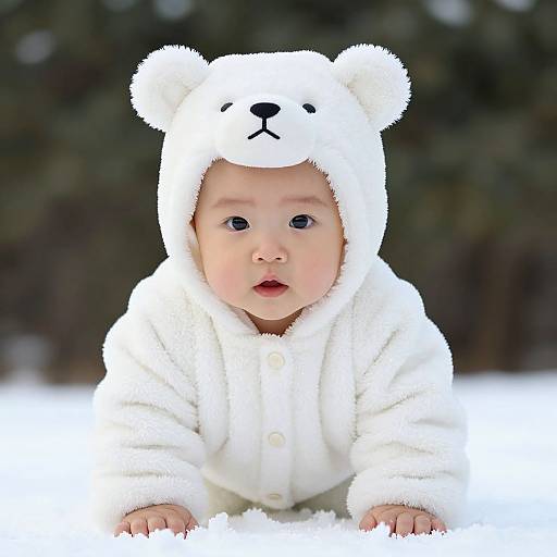 Cute baby with fair skin and round face wearing a white, fluffy bear hood and matching coat, gazing forward, set against a blurred, dark