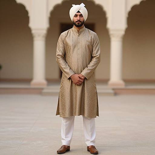 Photograph of a bearded South Asian man in traditional beige kurta, white turban, white pajamas, and brown shoes, standing in an