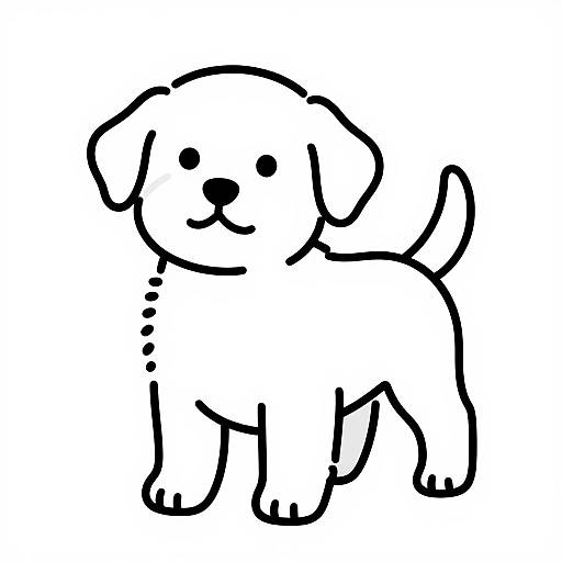 Black and white line drawing of a cute, chubby puppy with floppy ears, a smiling face, and a wagging tail.
