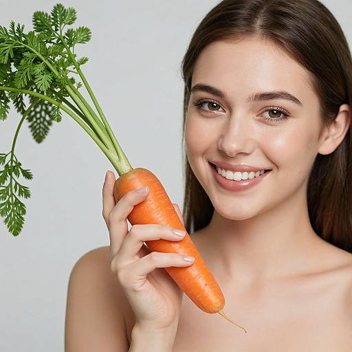 Smiling Woman Holding Vibrant Carrot
