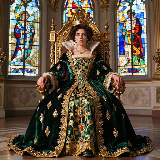 Photograph of a regal woman in an ornate, green velvet gown with gold embroidery, seated on a golden throne, in front of colorful stained