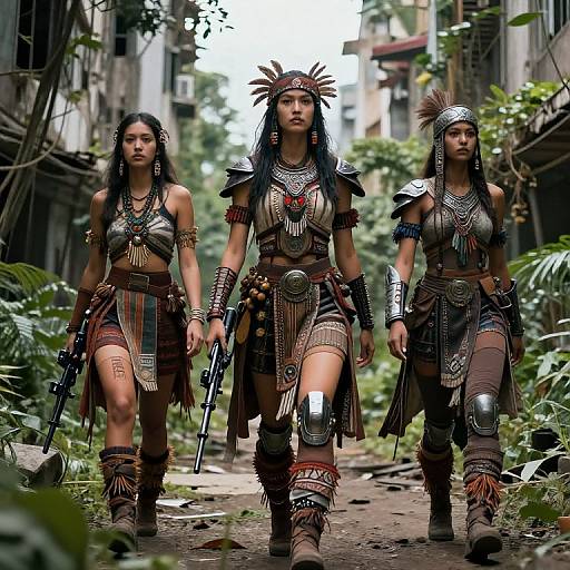 Three Native American warrior women in detailed tribal armor, feathered headpieces, and holding guns, walking through a lush, overgrown urban alley. Phot
