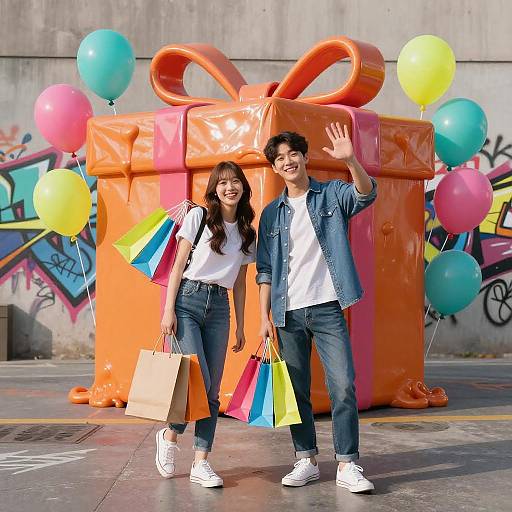 Happy Young Korean Couple with Shopping Bags and Giant Gift Box