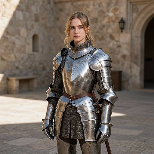 Confident Woman in Polished Medieval Armor