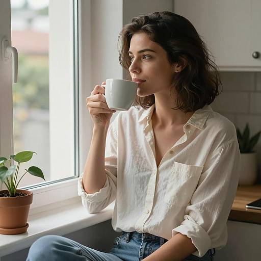 Serene Morning: Woman Enjoying Coffee