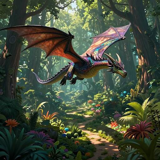 Digital fantasy artwork of a vibrant, iridescent dragon with red and purple wings soaring through a lush, sunlit forest filled with colorful flowers and dense