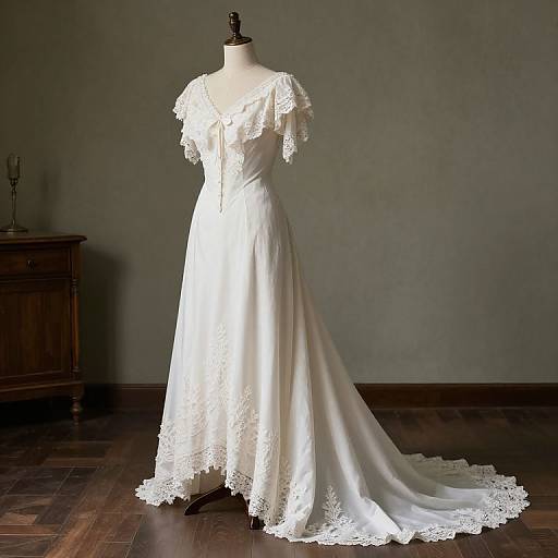 Photograph of a white lace-trimmed wedding dress on a mannequin, standing on a dark wooden floor, against a plain gray wall.