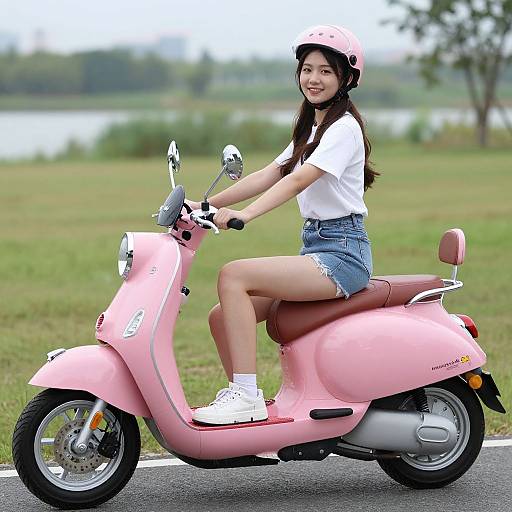 Asian woman with long black hair, white shirt, denim shorts, pink helmet, riding pink scooter on roadside, grassy field background.