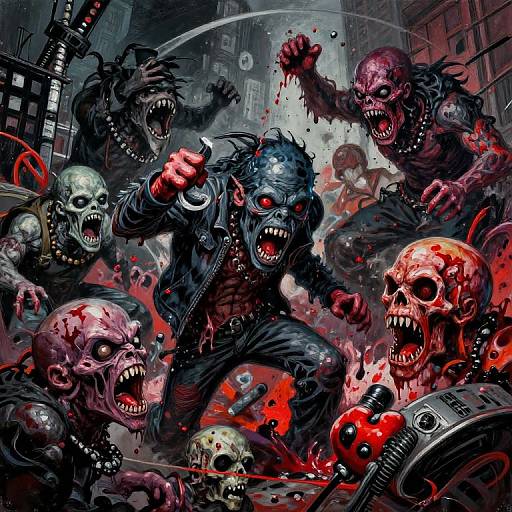 Digital illustration of a chaotic zombie apocalypse: blood-splattered, snarling, undead creatures with exposed skulls and fangs attacking a black-clad