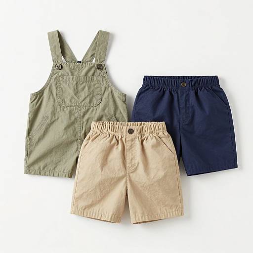 Photograph of a child's outfit: olive green sleeveless denim dress, beige shorts, and navy blue shorts, arranged on a white background.