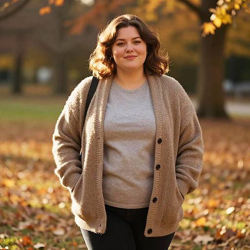 Photograph of a smiling, plus-size woman with wavy brown hair, wearing a beige cardigan, gray sweater, and black pants, standing in
