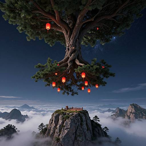 Digital artwork of a massive tree with glowing red lanterns, atop a rocky peak, surrounded by misty mountains and a starry night sky. Tiny