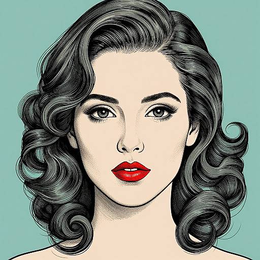 Digital illustration of a vintage-styled woman with wavy black hair, red lips, and bold black-and-white facial features against a turquoise background.