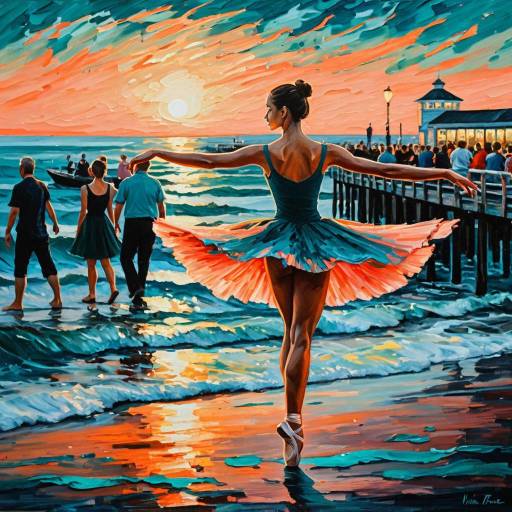 Ballerina at Sunset on Crowded Seaside Pier Ballerina at Sunset on Crowded Seaside Pier