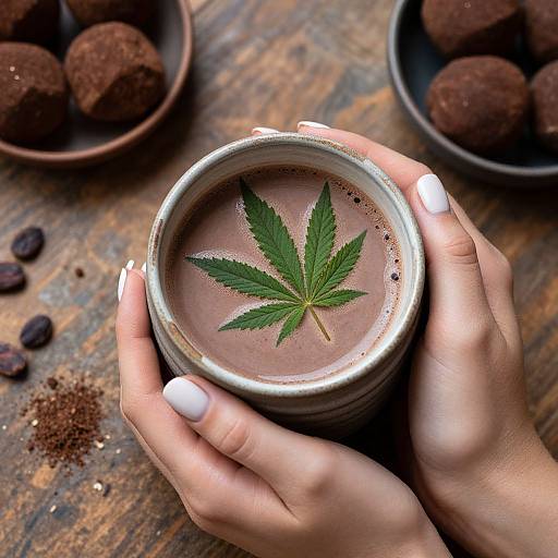 Photograph of hands with white nails holding a mug of chocolate milk with a green marijuana leaf, on a wooden table with dark chocolate truffles and dried