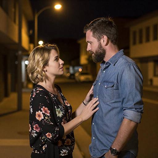 Photograph of a blonde woman in a floral dress and a bearded man in a blue denim shirt standing close on a dimly lit, empty street