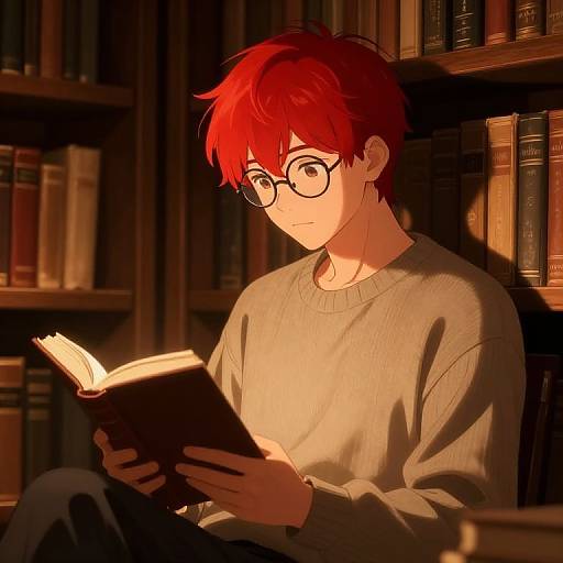 Anime-style illustration of a red-haired boy with glasses, wearing a beige sweater, reading a book in a dimly lit library.