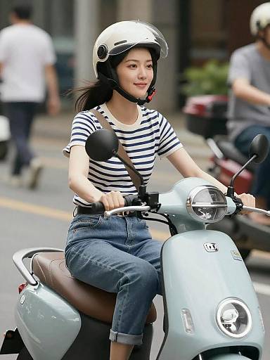 Young woman riding blue scooter in city