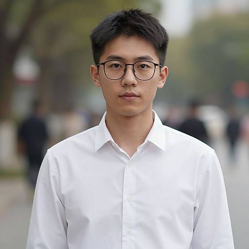 Photograph of an Asian man with short black hair, wearing black-rimmed glasses and a white button-up shirt, standing outdoors with a blurred urban