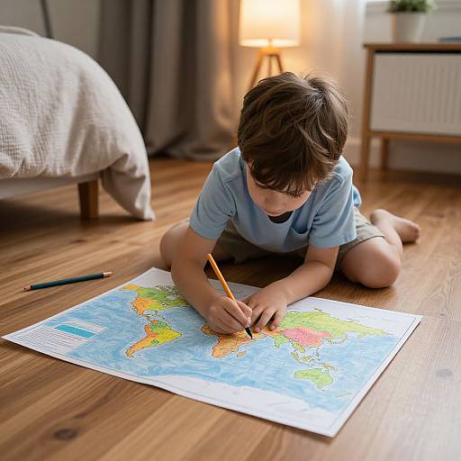 Photograph of a young boy with brown hair, wearing a light blue shirt and gray shorts, drawing a colorful world map on wooden floor, lamp and