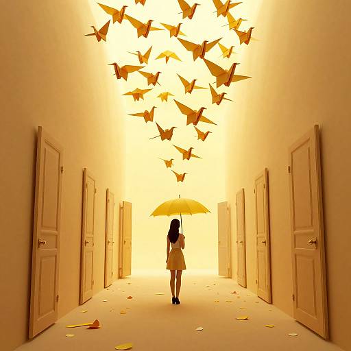 Digital artwork: A girl with long black hair stands in a sunlit, yellow-tinted hallway, holding a yellow umbrella, surrounded by flying paper