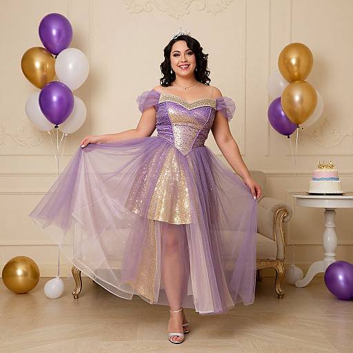 Photograph of a smiling woman in a lavender and gold sparkly, off-shoulder, ballgown dress, holding her skirt, surrounded by