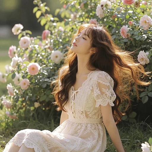 Photograph of a young woman with long, wavy brown hair, wearing a white, lace, short-sleeve dress, sitting among blooming