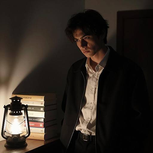 Young man in dimly lit room with lantern light