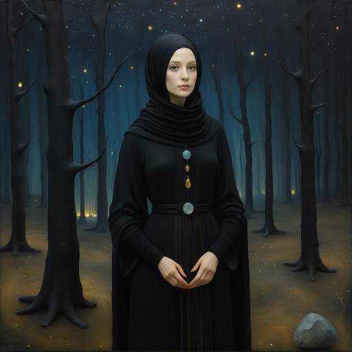 Surreal Woman in Black in Mystical Forest