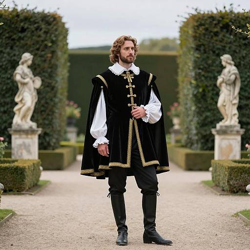 Man in Renaissance Attire in Historic Garden