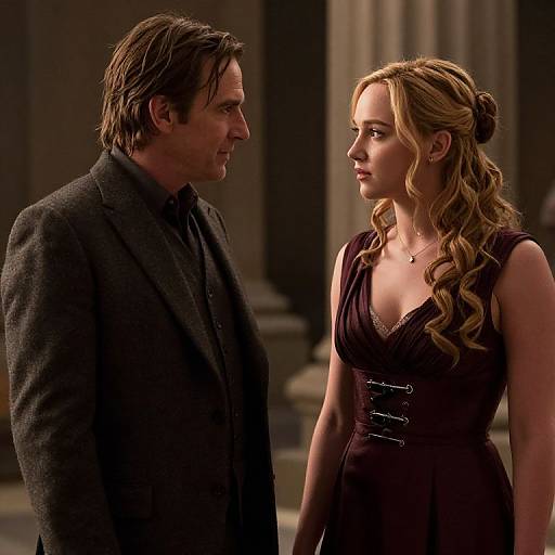 Photograph of a serious moment between a disheveled man in a dark suit and a blonde woman in a deep purple dress, standing indoors. Dim