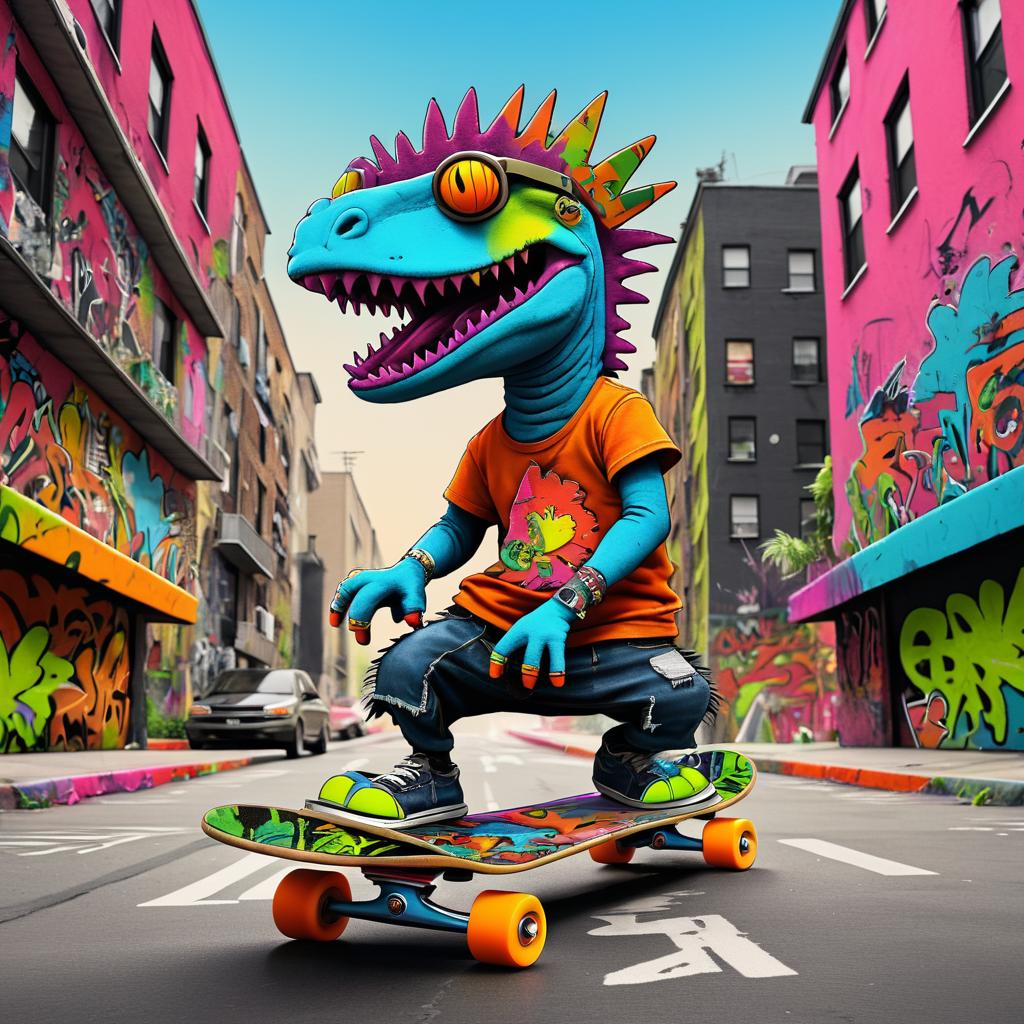 Funky Dinosaur Skateboarding in Urban Art