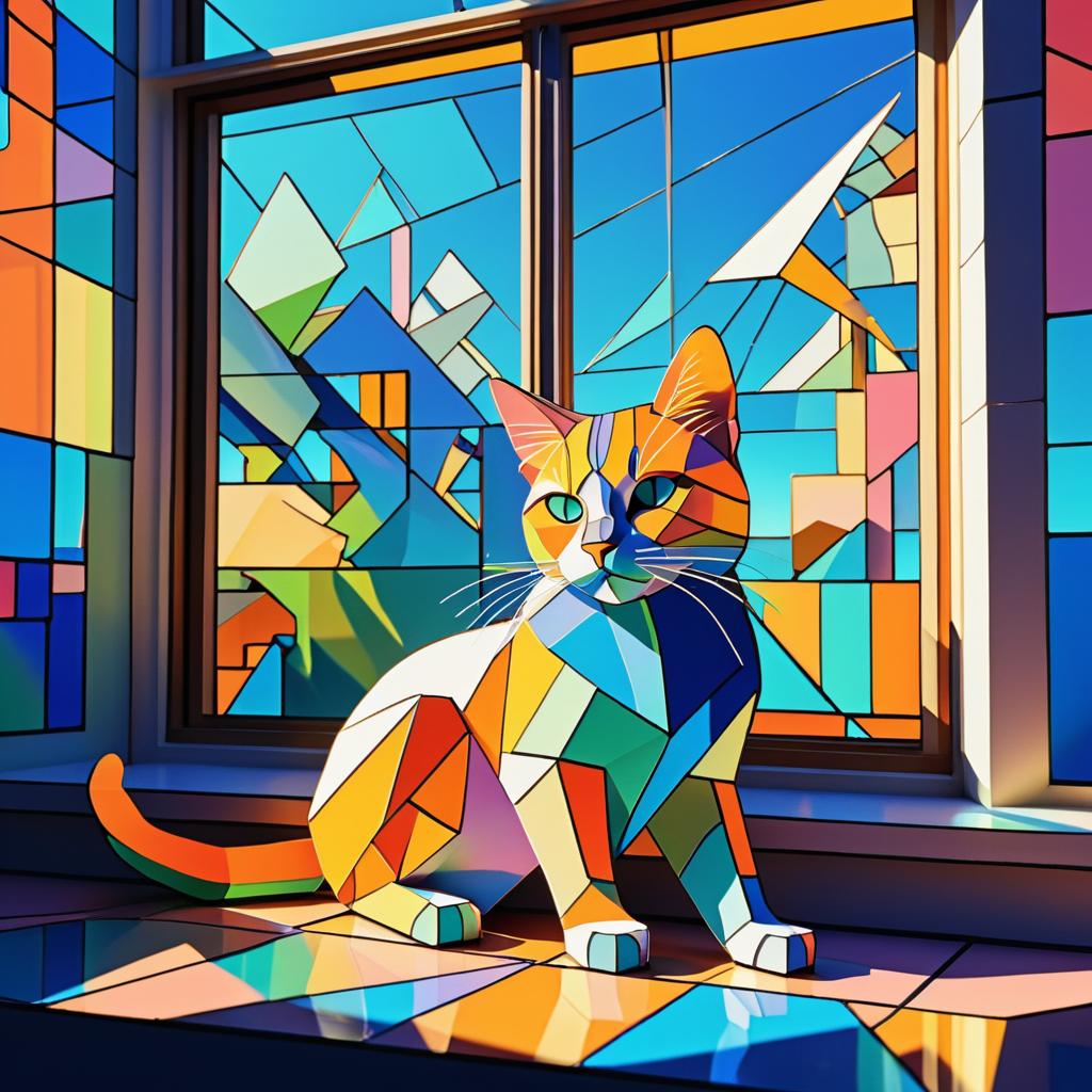 3D Cartoon Cubism Cat on Windowsill