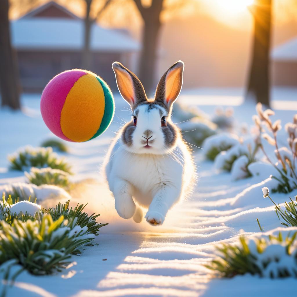 Playful Rabbit Chasing a Colorful Ball