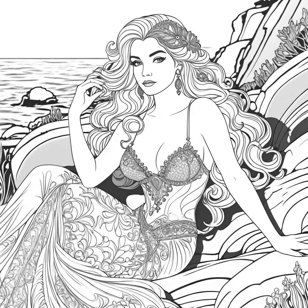 Glamorous Art Nouveau Mermaid Coloring Page