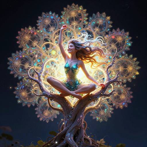Digital art of a glowing, ethereal woman with flowing hair, sitting cross-legged in a luminous, colorful, starburst tree against a dark sky