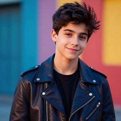 Photograph of a young boy with dark, tousled hair, wearing a black leather jacket over a black shirt, smiling slightly, with a colorful blurred