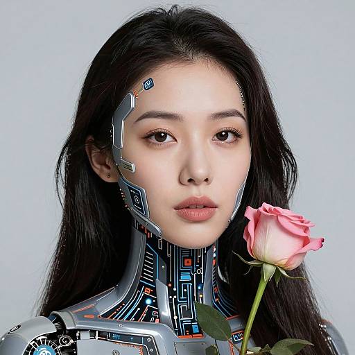 Photograph of an Asian woman with long black hair, wearing a futuristic, cybernetic suit, holding a pink rose against a light blue background.