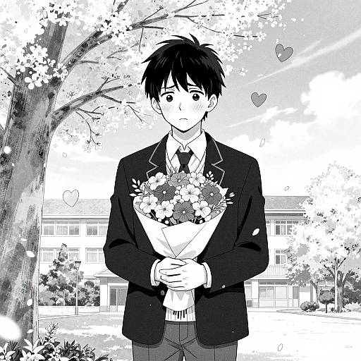 Black-and-white manga-style drawing of a surprised young man in a suit holding a bouquet of flowers, standing in front of a tree and school building with