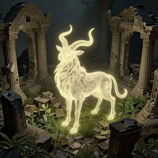 Luminous Horned Beast Among Ancient Ruins