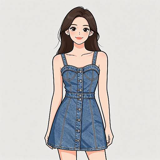 Digital anime-style drawing of a smiling young woman with long black hair, wearing a blue denim dress with buttons and straps.