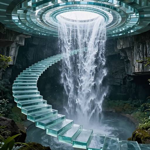 Photorealistic CGI of a futuristic waterfall with a glowing, circular light source above and a spiraling glass staircase in the foreground.