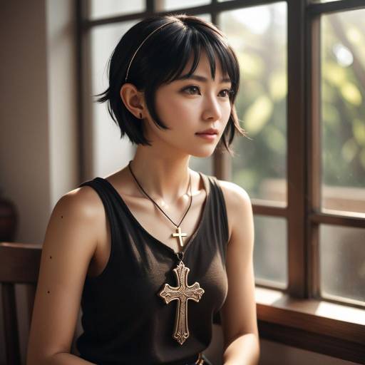 Young Woman Wearing Cross Necklaces Sitting by Window