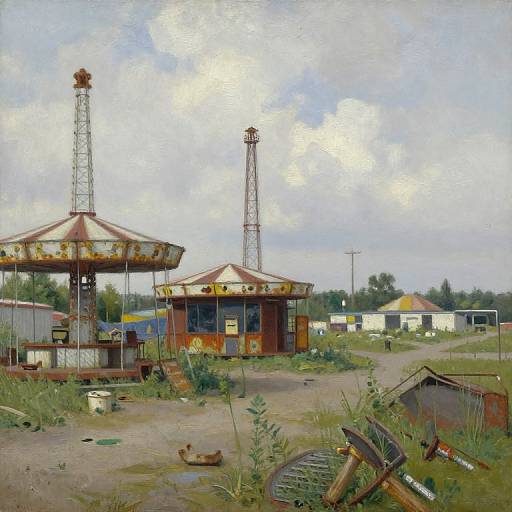 Photorealistic painting of an abandoned, rusted amusement park ride with two tall, weathered structures and overgrown grass in a deserted lot under a