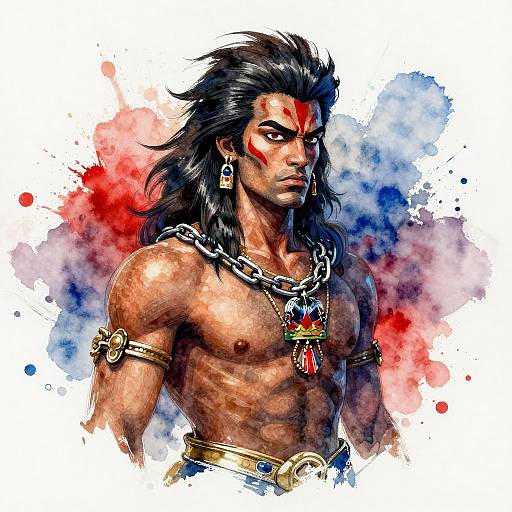 Digital art of a muscular, topless Native American warrior with long black hair, red face paint, chain necklace, and tribal arm bands, against a