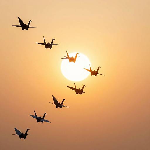 Photograph of seven silhouetted jets flying in a V-formation against a vibrant orange sunset, with the sun centered in the background.