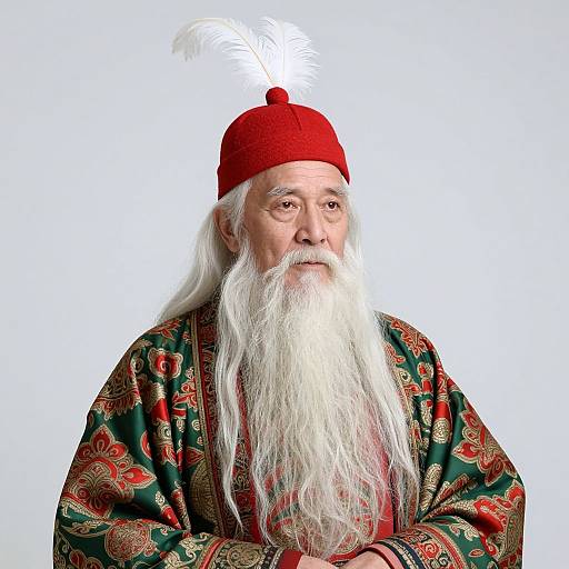 Photograph of an elderly man with a long white beard, wearing a red fez, ornate green and red patterned robe, against a plain