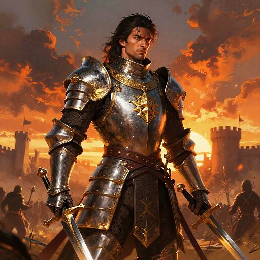 Digital painting of a fierce, dark-haired knight in shiny, ornate armor with a golden emblem, holding a sword, against a dramatic orange sunset and
